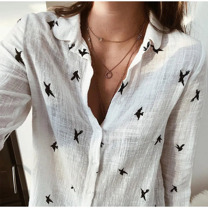 Noelle | Relaxed Bird Print Button Blouse