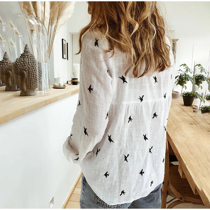 Noelle | Relaxed Bird Print Button Blouse