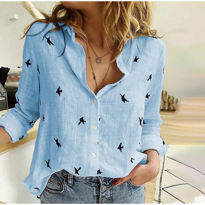 Noelle | Relaxed Bird Print Button Blouse