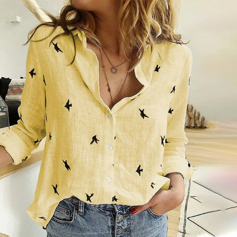 Noelle | Relaxed Bird Print Button Blouse