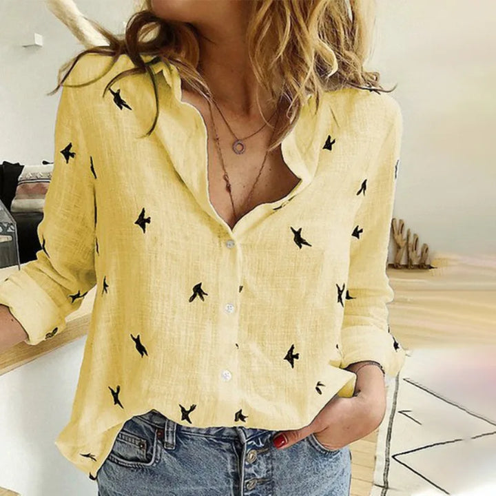 Noelle | Relaxed Bird Print Button Blouse