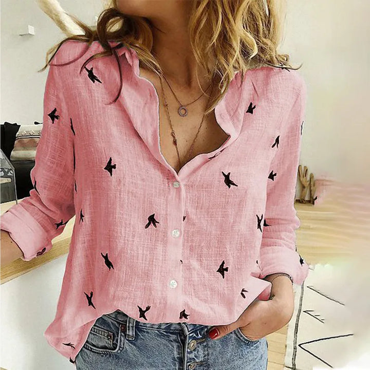 Noelle | Relaxed Bird Print Button Blouse