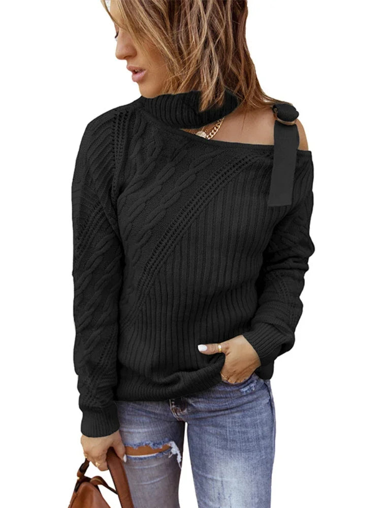 Off Shoulder Buckle Knitted Sweater