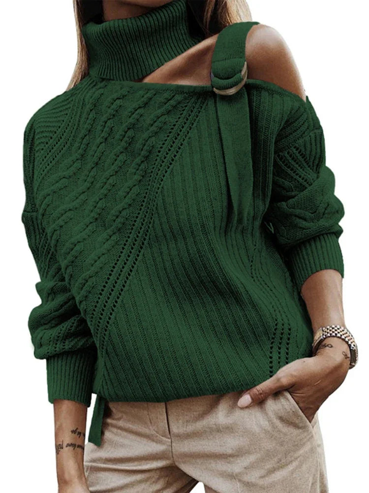 Off Shoulder Buckle Knitted Sweater