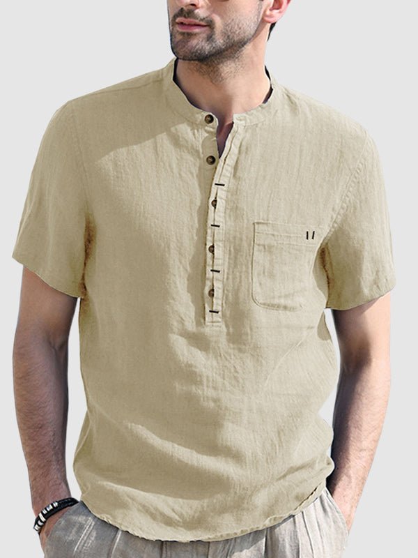 Men's cotton - linen Henley collar solid color short - sleeved shirt - POLO - MOOD Melbourne