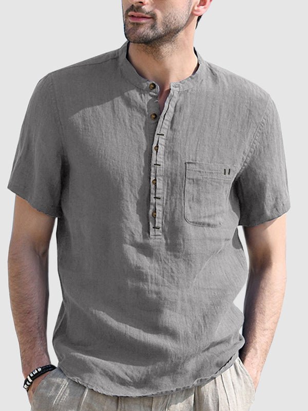 Men's cotton - linen Henley collar solid color short - sleeved shirt - POLO - MOOD Melbourne