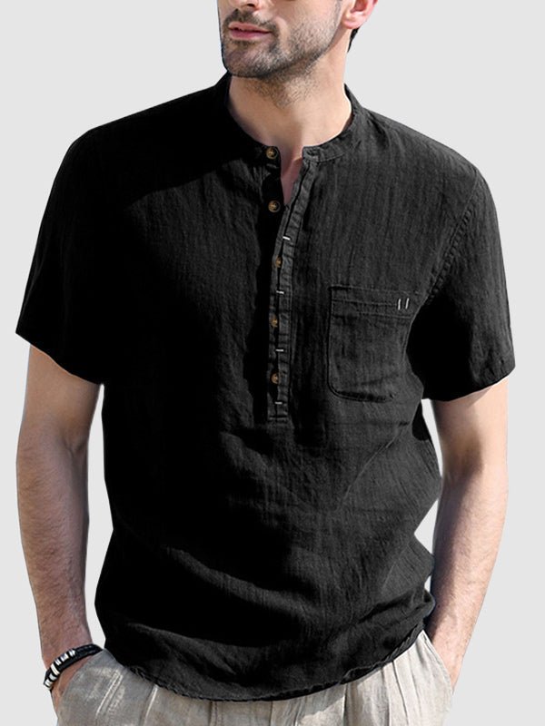 Men's cotton - linen Henley collar solid color short - sleeved shirt - POLO - MOOD Melbourne