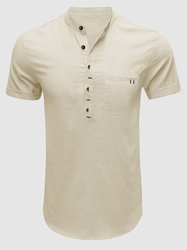 Men's cotton - linen Henley collar solid color short - sleeved shirt - POLO - MOOD Melbourne