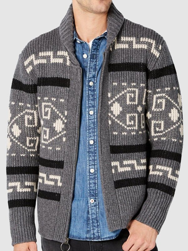 Men's lapel jacquard knitted casual sweater cardigan jacket - SWEATERS - MOOD Melbourne