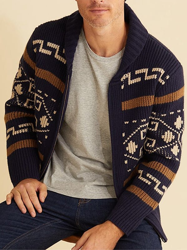 Men's lapel jacquard knitted casual sweater cardigan jacket - SWEATERS - MOOD Melbourne