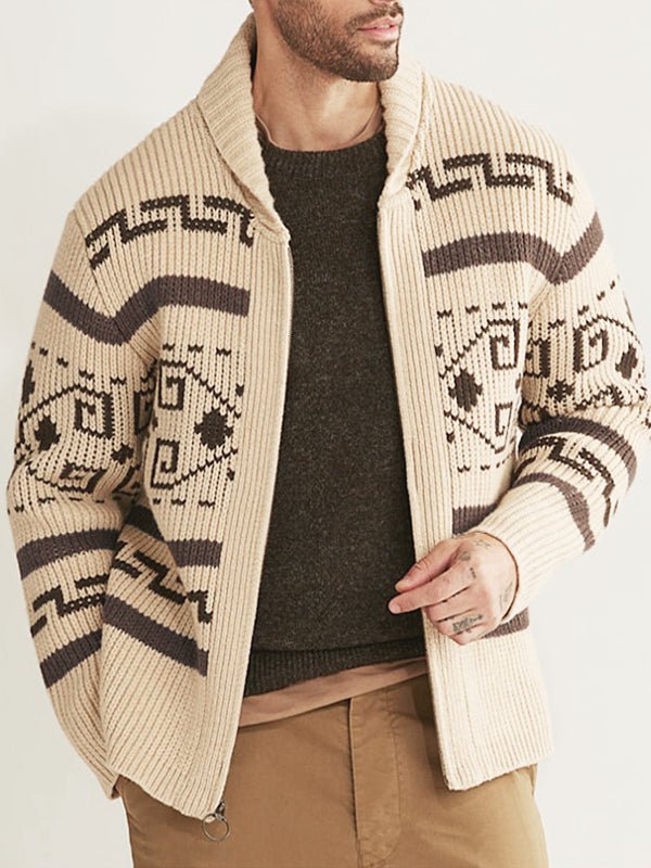 Men's lapel jacquard knitted casual sweater cardigan jacket - SWEATERS - MOOD Melbourne