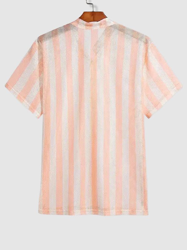 Men's mesh hollow stripe loose casual short - sleeved shirt - SHIRTS - MOOD Melbourne
