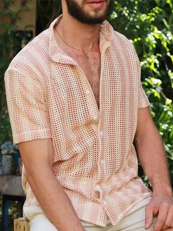 Men's mesh hollow stripe loose casual short - sleeved shirt - SHIRTS - MOOD Melbourne