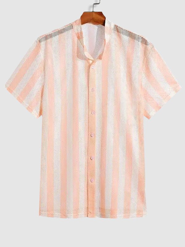 Men's mesh hollow stripe loose casual short - sleeved shirt - SHIRTS - MOOD Melbourne