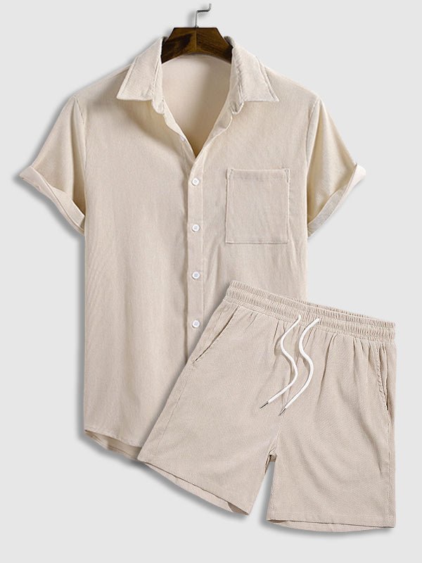 Men's solid color corduroy casual short - sleeved shirt shorts set - SETS - 24B2302037_S - MOOD Melbourne