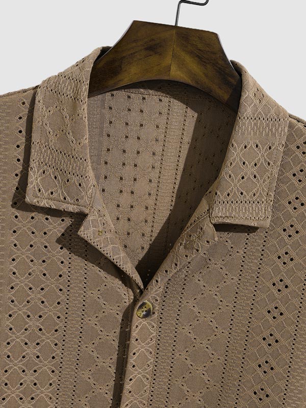 Men's solid color geometric hollow lapel short - sleeved shirt - SHIRTS - 24B0812735_S - MOOD Melbourne