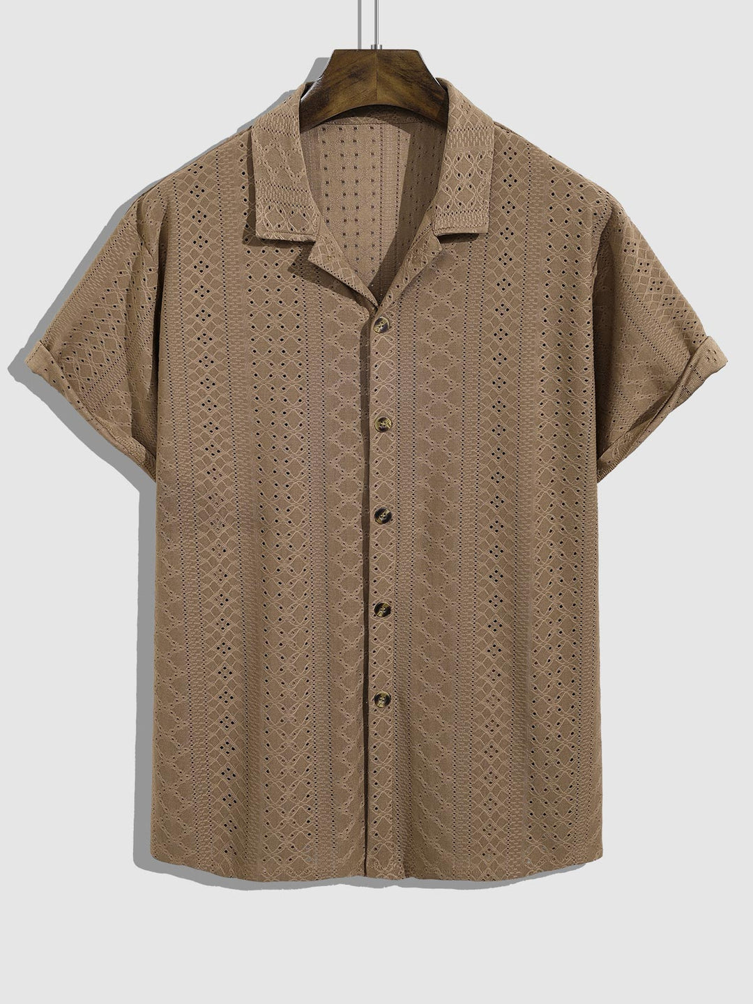 Men's solid color geometric hollow lapel short - sleeved shirt - SHIRTS - 24B0812735_S - MOOD Melbourne