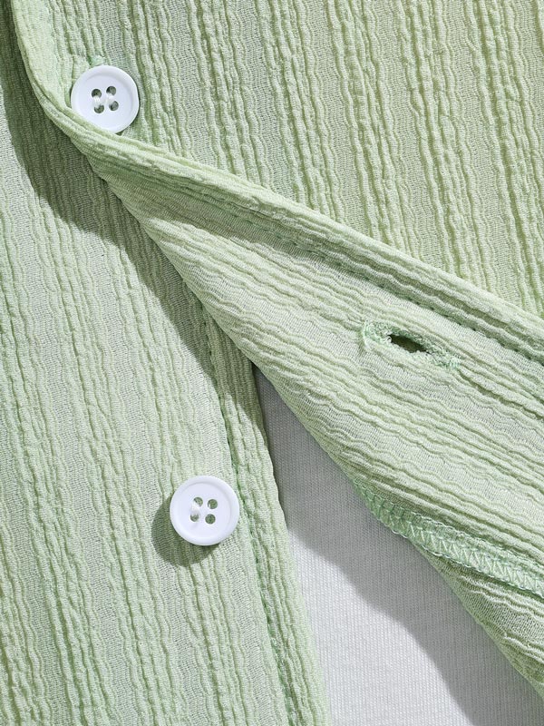 Men's solid color striped textured Cuban collar casual short - sleeved shirt - SHIRTS - 24B1006142_S - MOOD Melbourne