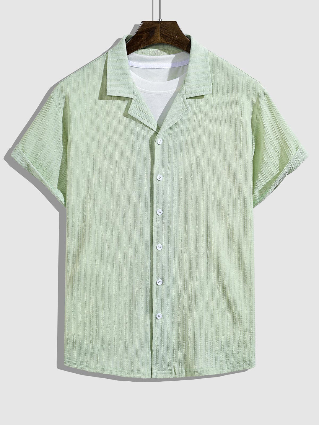 Men's solid color striped textured Cuban collar casual short - sleeved shirt - SHIRTS - 24B1006142_S - MOOD Melbourne