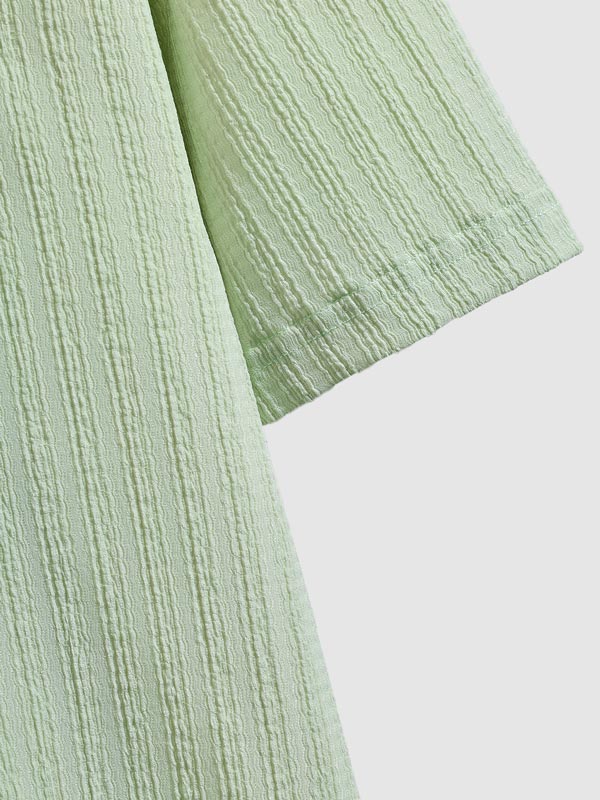 Men's solid color striped textured Cuban collar casual short - sleeved shirt - SHIRTS - 24B1006142_S - MOOD Melbourne