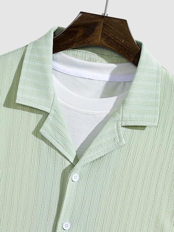 Men's solid color striped textured Cuban collar casual short - sleeved shirt - SHIRTS - 24B1006142_S - MOOD Melbourne