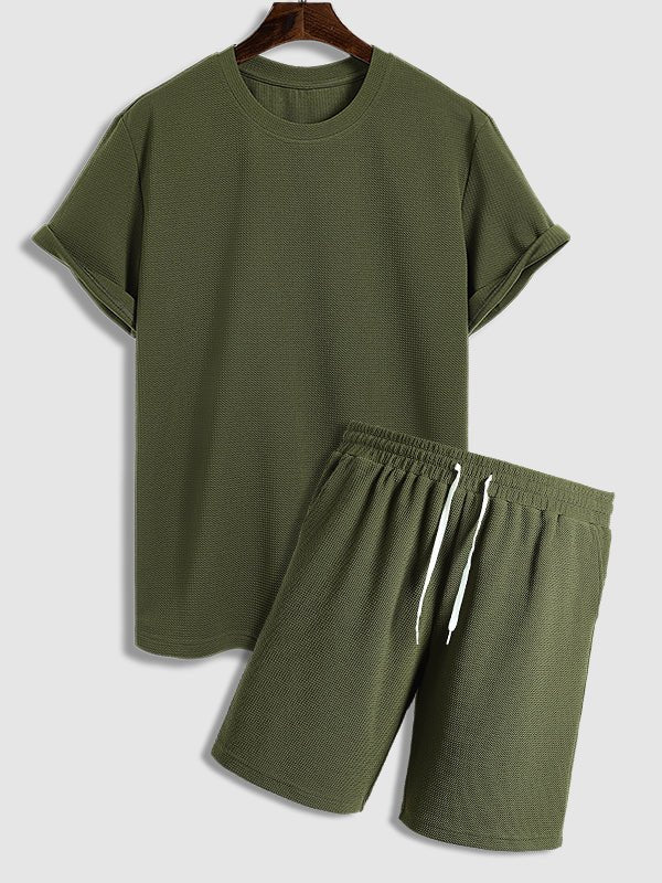 Men's solid color textured casual round neck T-shirt shorts set - SETS - 24B2307240_S - MOOD Melbourne