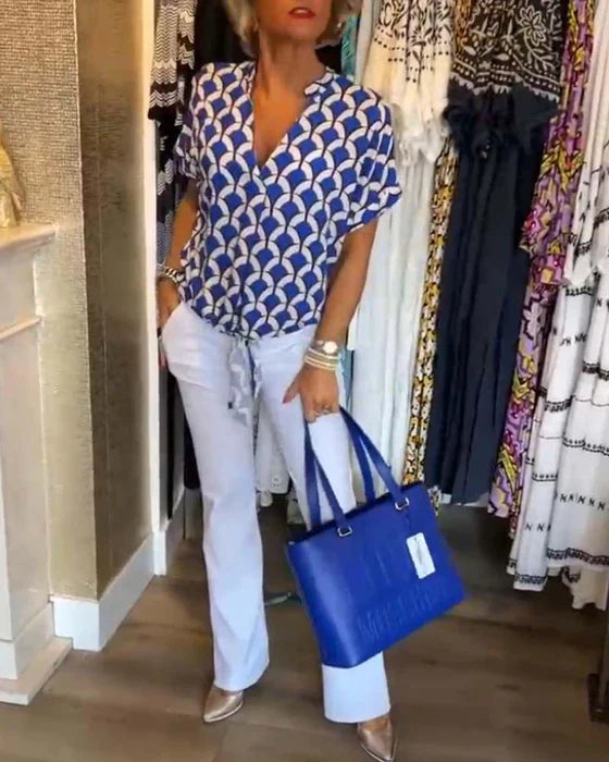 Rania | Geometric Print Tie-Front Blouse