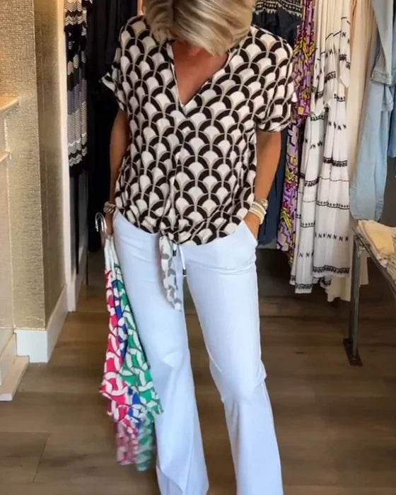 Rania | Geometric Print Tie-Front Blouse