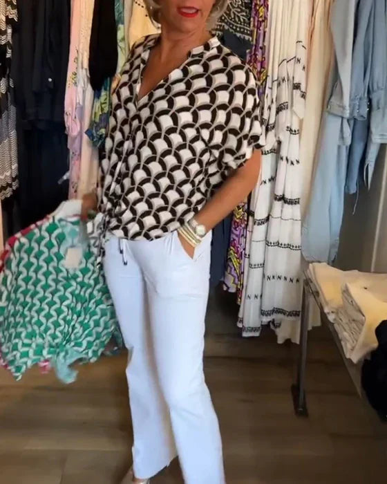 Rania | Geometric Print Tie-Front Blouse